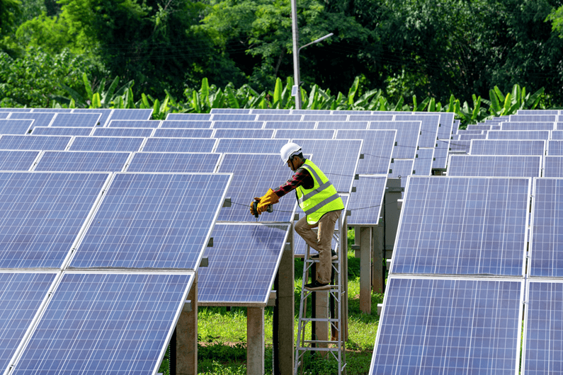 A man wearing a hardhat and green vest maintains solar energy panels in a solar field.