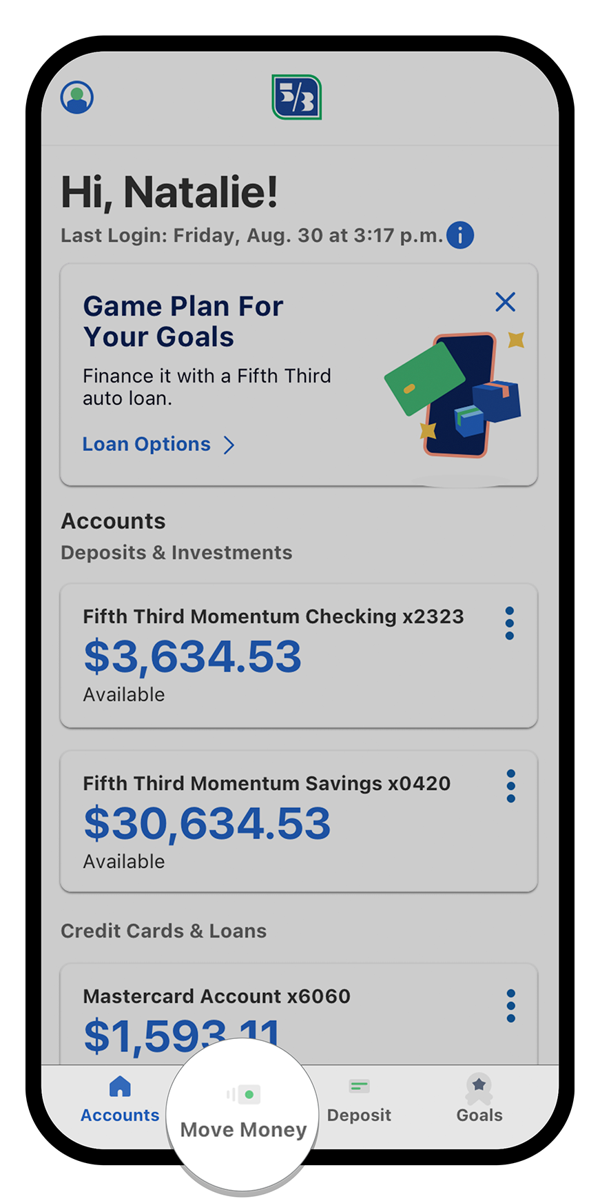 Screenshot of the Fifth Third Bank mobile banking app showing checking and savings account balances.