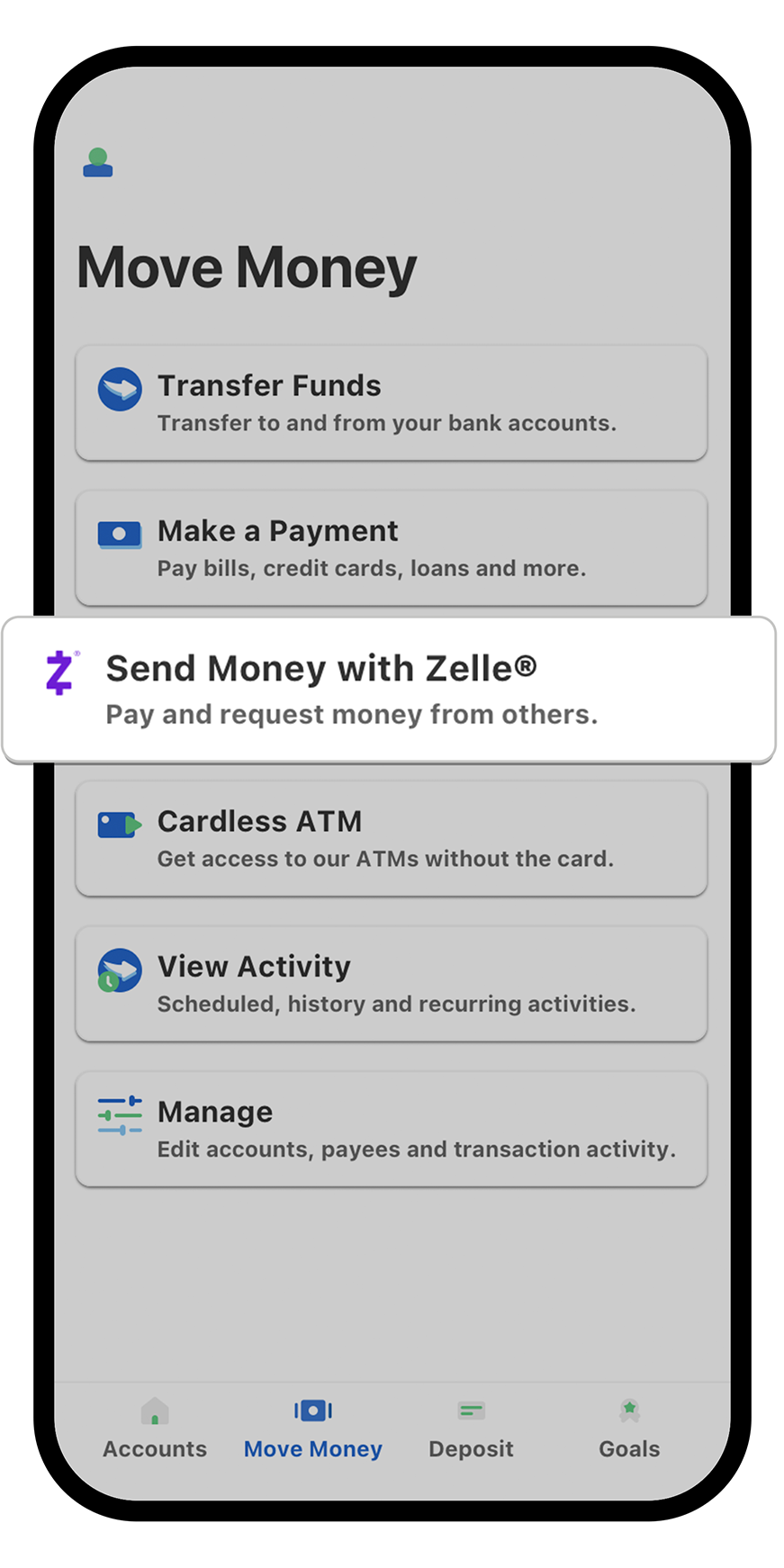 Screenshot of how to send money with Zelle on the Fifth Third Bank mobile banking app.