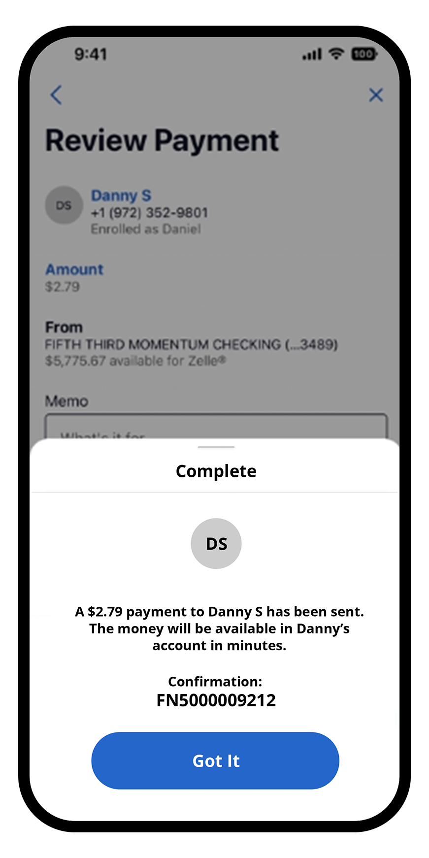 Notification of a completed digital payment transfer using Zelle on the Fifth Third Bank mobile app.