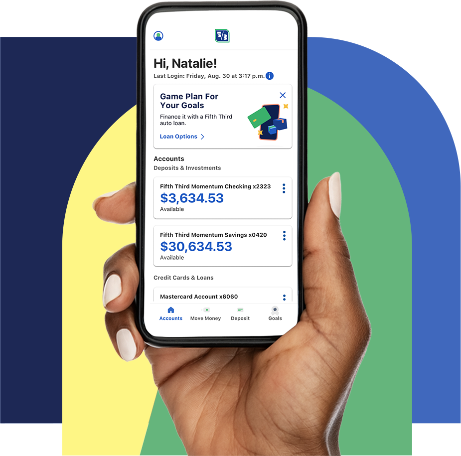 A phone displaying the new Fifth Third mobile app.