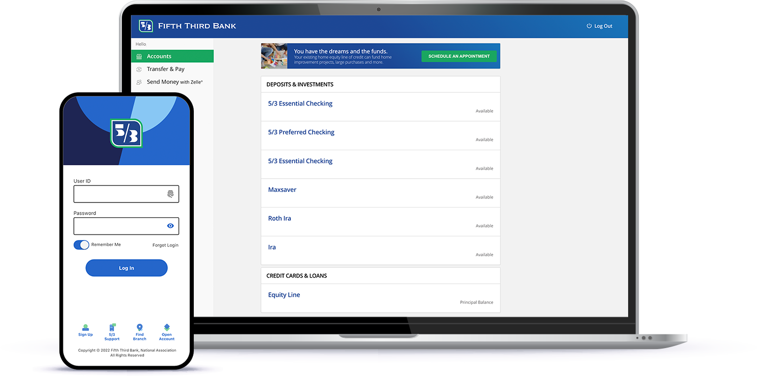 Fifth Third new mobile app displayed on mobile phone and laptop.