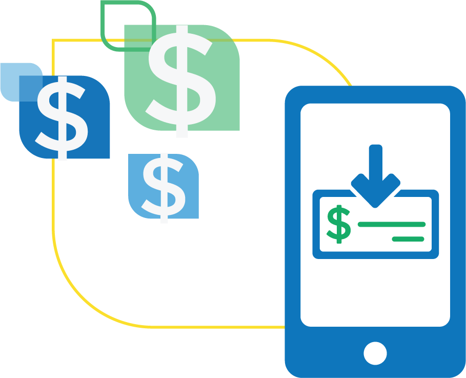 Illustration of a blue smartphone making an electronic deposit.