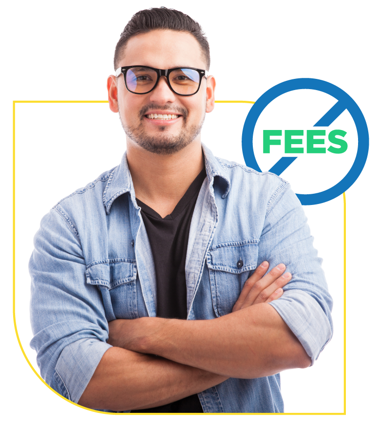 A man standing in front of a no fees sign.