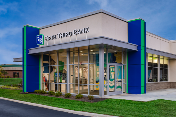 Fifth Third Bank branch exterior with blue sky