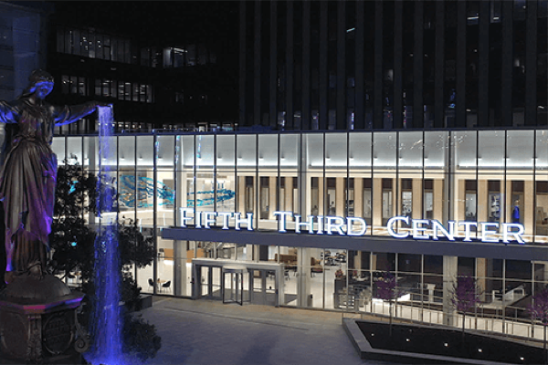 Fifth Third Center exterior signage at night featuring Cincinnati's Fountain Square