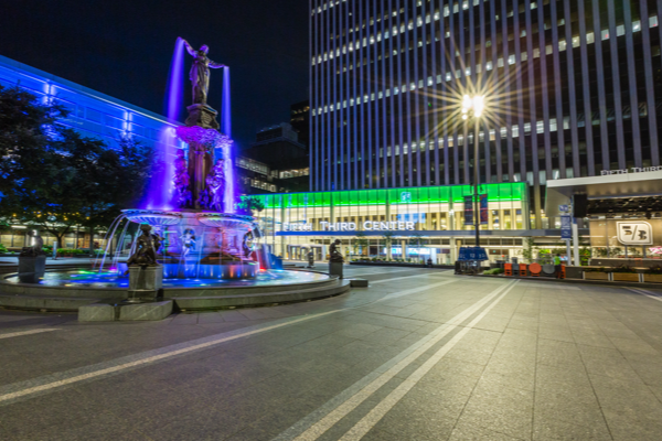 Fifth Third Center street view at night featuring Cincinnati's Fountain Square