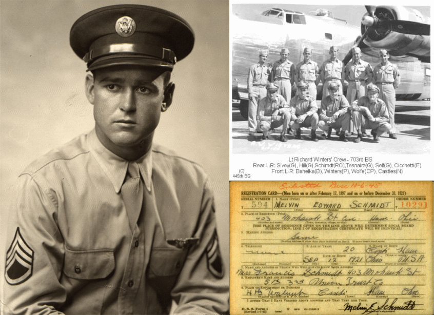 Melvin E Schmidt formal photo, Air Crew photo, Melvin E Schmidt Draft Card