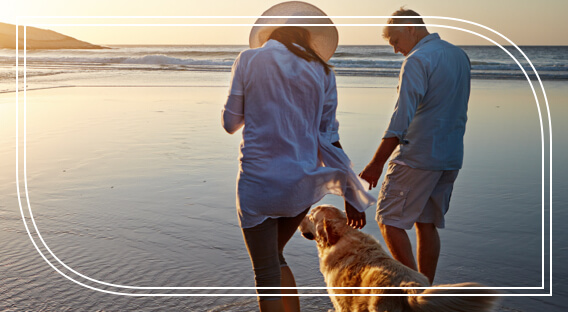 Two people walking their dog on a beach discussing private banking services.