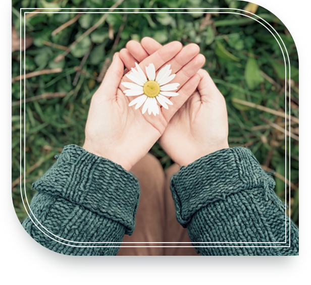 Woman’s hands holding a flower while enjoying nature.